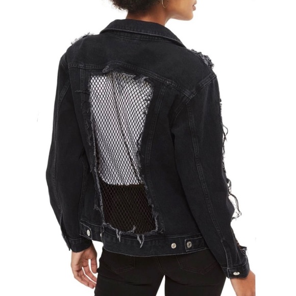 TopShop Black Fishnet Denim Jacket Size 4 - Picture 3 of 8